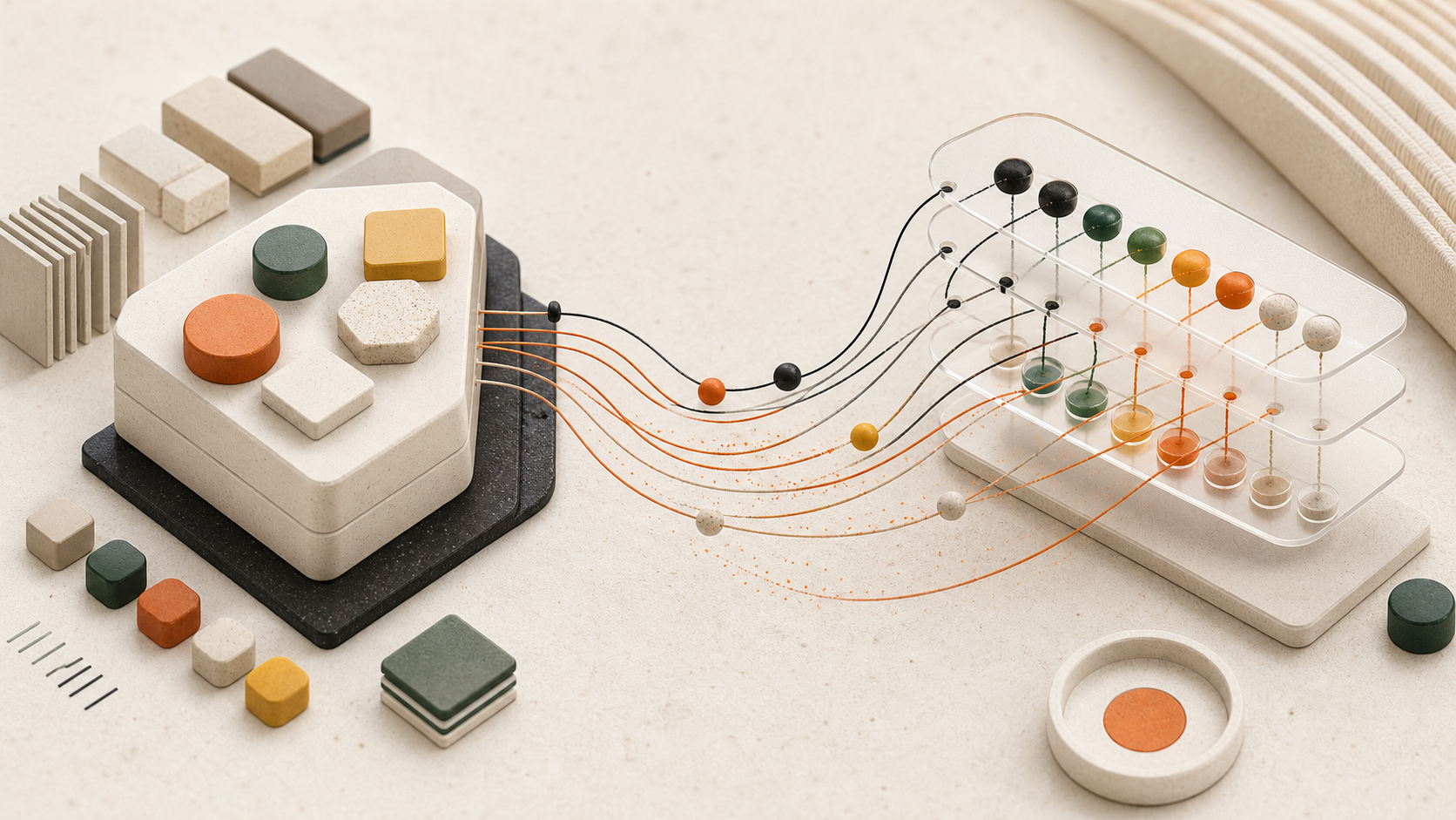 Abstract token tiles flowing into connected variable nodes for Figma plugin sync